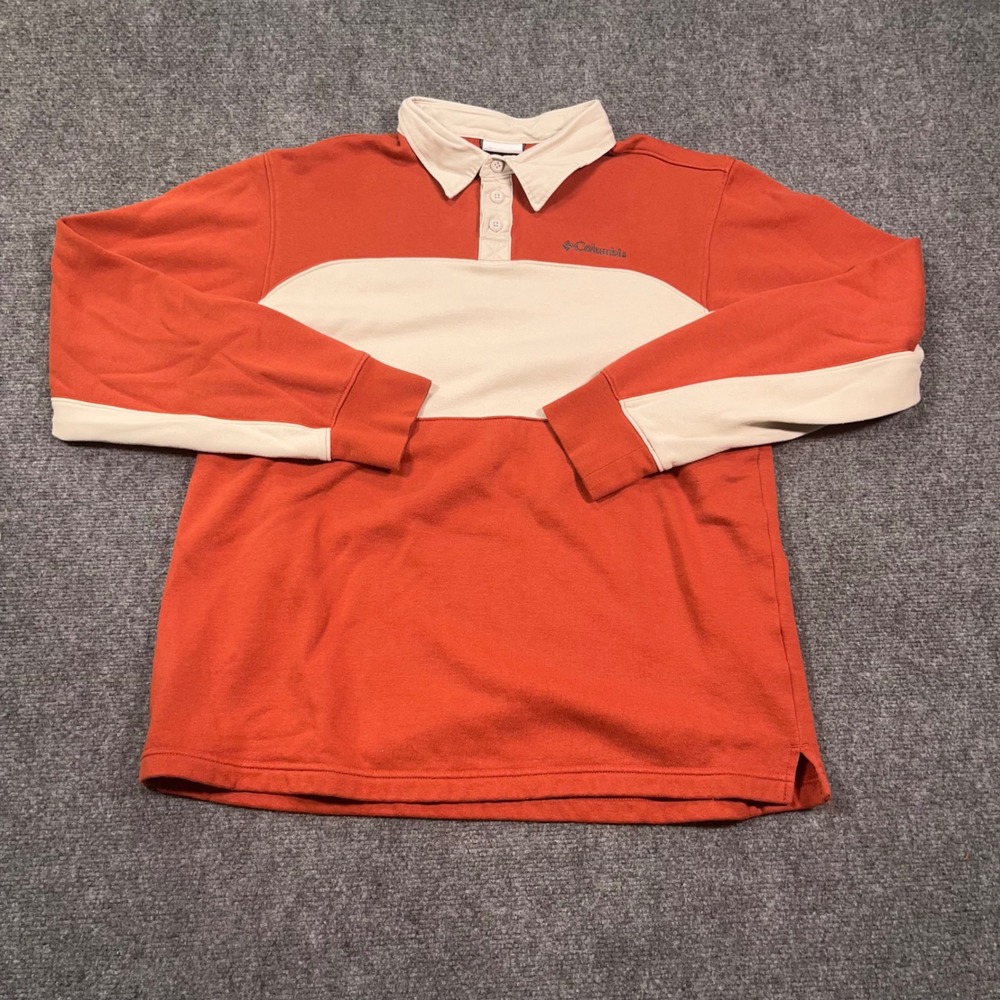 Columbia Rugby Polo Sweatshirt Mens Medium Colorblock Fleece Orange Cream Preppy